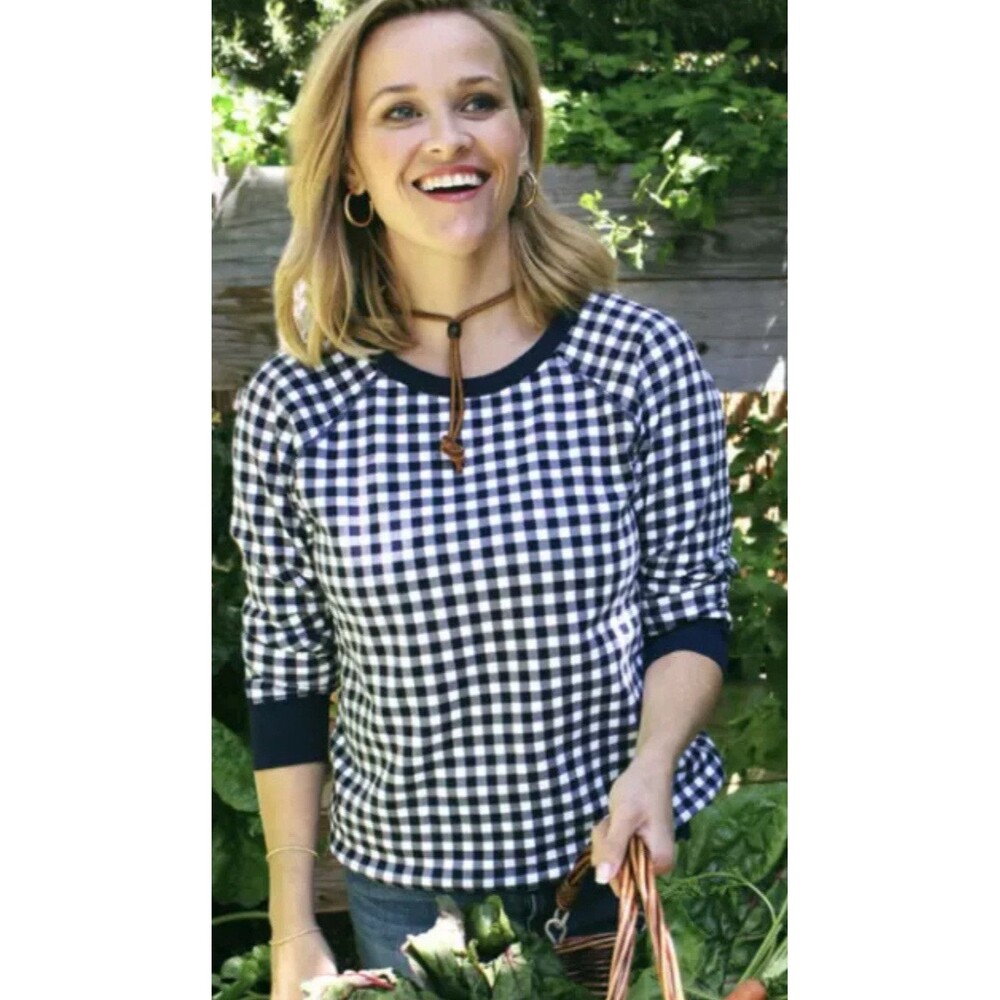Draper James Top Womens Small Natalie Navy Blue White Gingham Plaid Sweatshirt